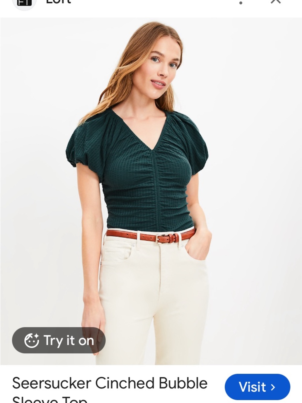 LOFT Dark Green Seersucker Cinched Bubble Sleeve Top